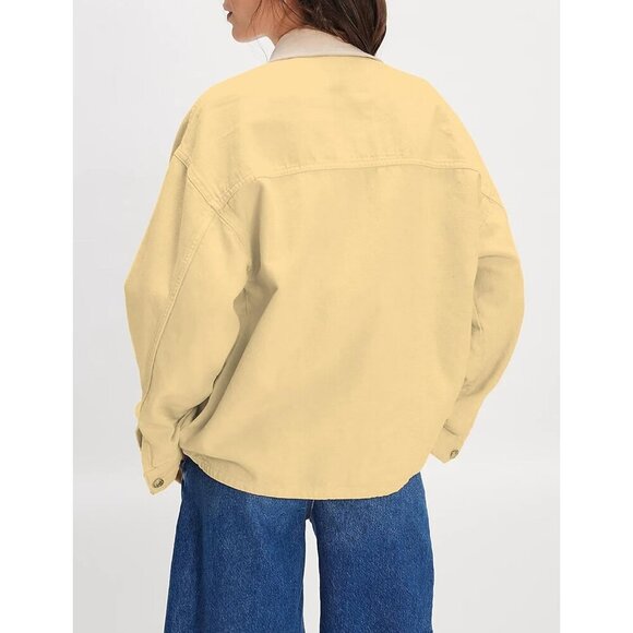 Women's Oversized Denim Jacket with Contrast Trim Long Sleeve Button Down Yellow - Picture 3 of 6